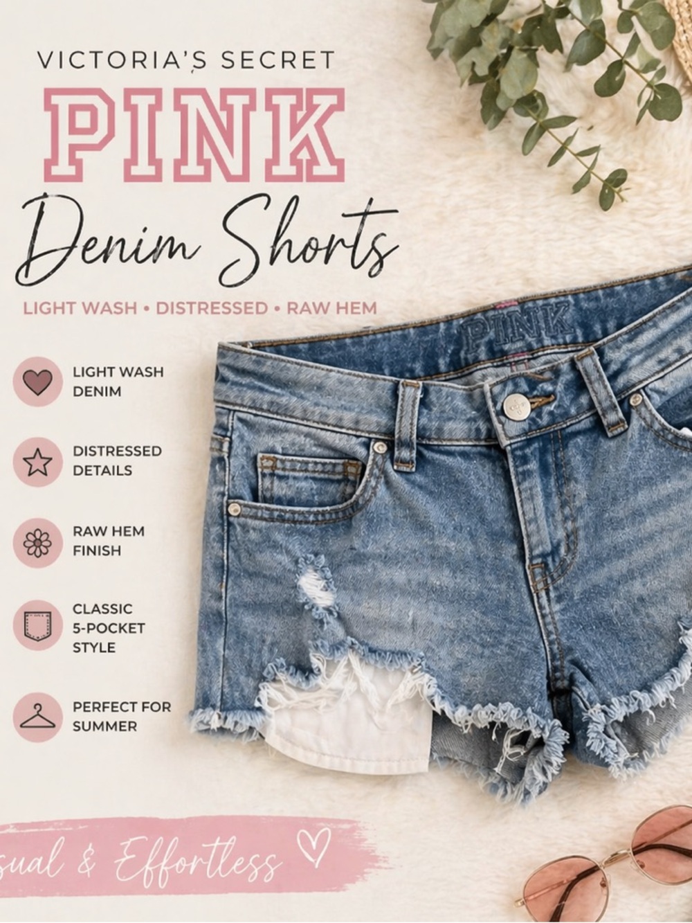 Victoria’s Secret PINK Distressed Denim Shorts Light Wash Raw Hem Size 8